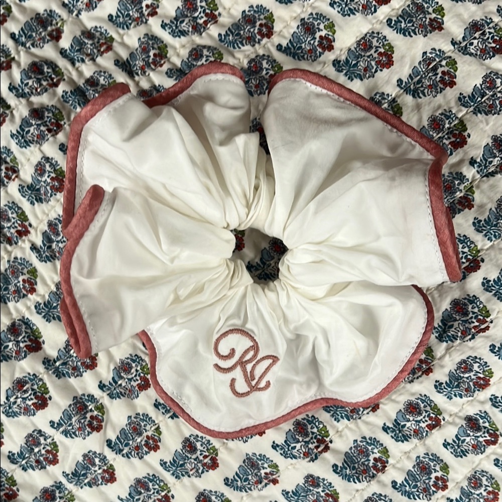 Rudy Jude monogrammed white and pink scrunchie